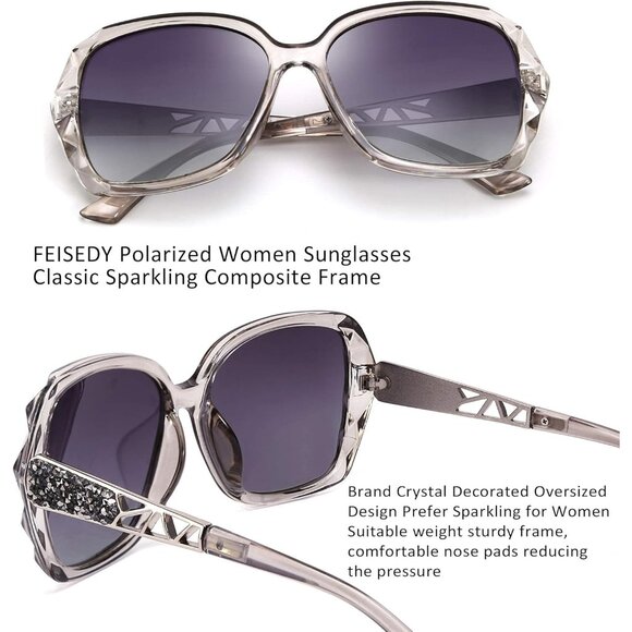Women's Gray Crystal Square Sunglasses Sparkling Composite Shiny Frame Design - Picture 3 of 9